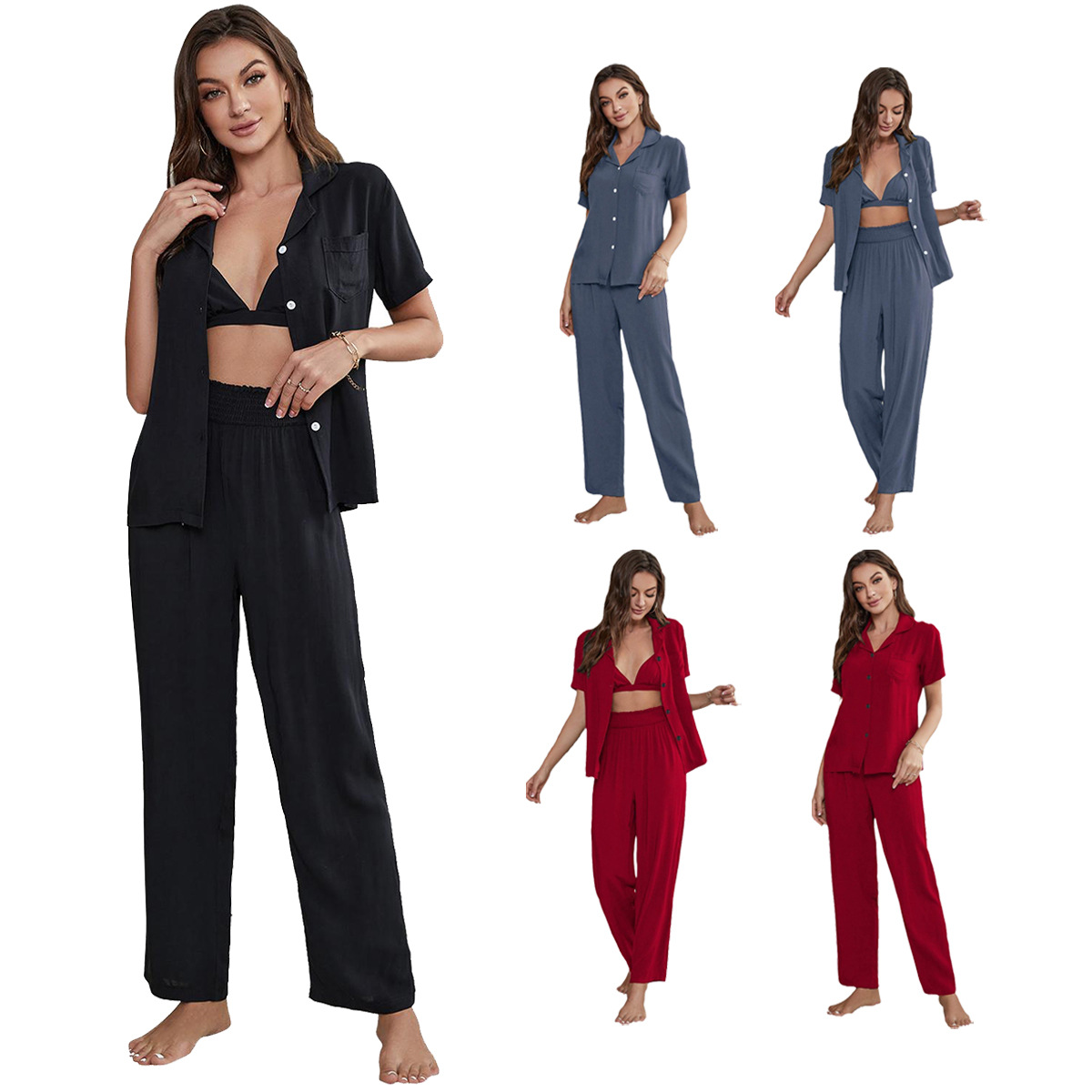 European and American Cross-Border Pajamas for Women Summer Thin Solid Color Underwear Short-Sleeved Trousers Three-Piece Home Clothes Foreign Trade Amazon