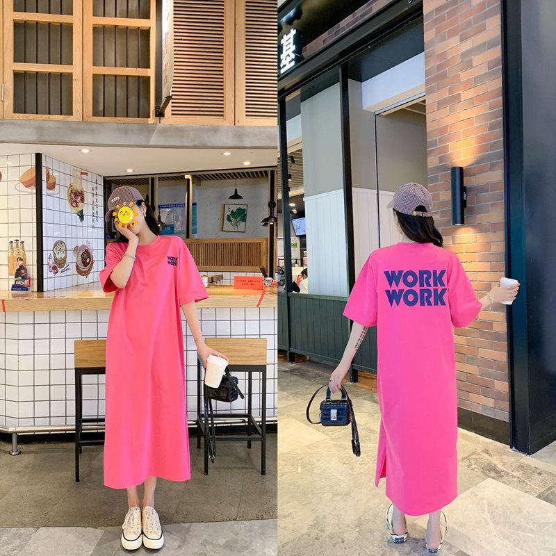 South Korea plus size T-shirt Women's Summer Top Nightdress Short-sleeved Base Shirt Women's Loose Midi Split dress Women