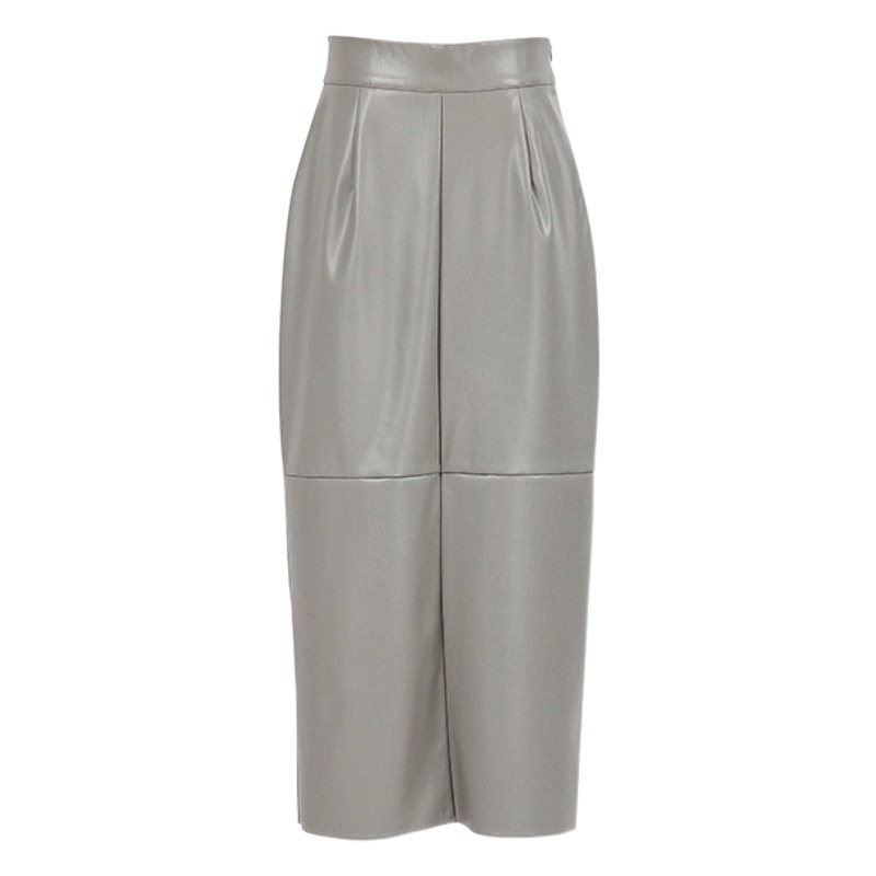 Gray PU leather skirt foreign trade women's clothing 2024 spring new cross-border slim high waist split French straight skirt