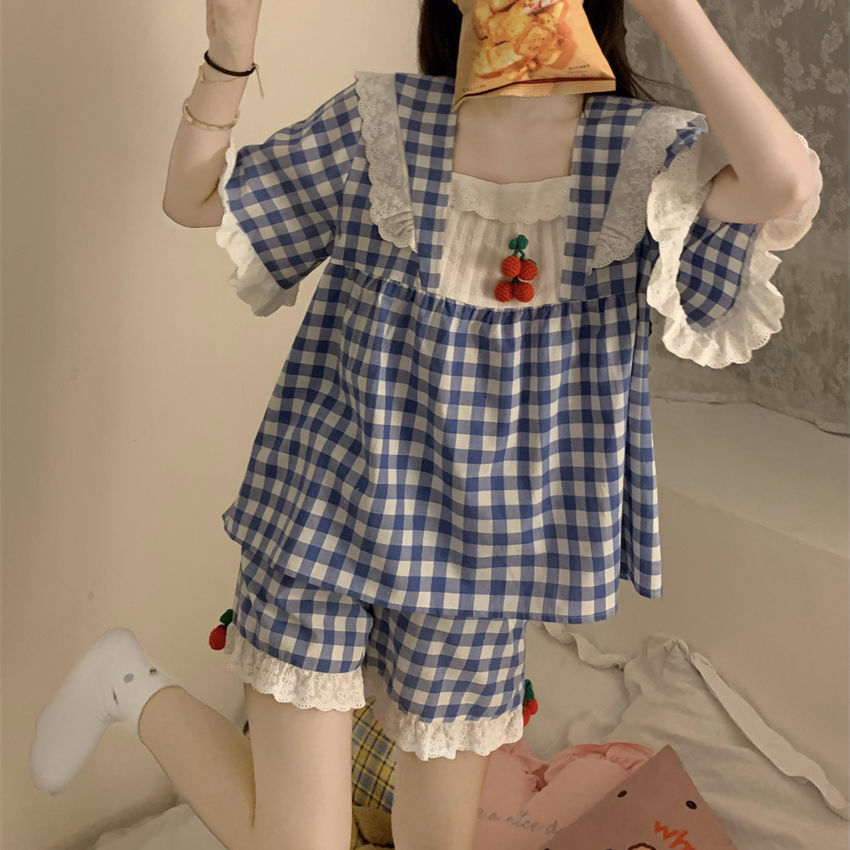 Pajamas Women's New Summer Ins Style Sweet Lace Stitching Cherry Short Sleeve Shorts Outwear Home Wear Suit