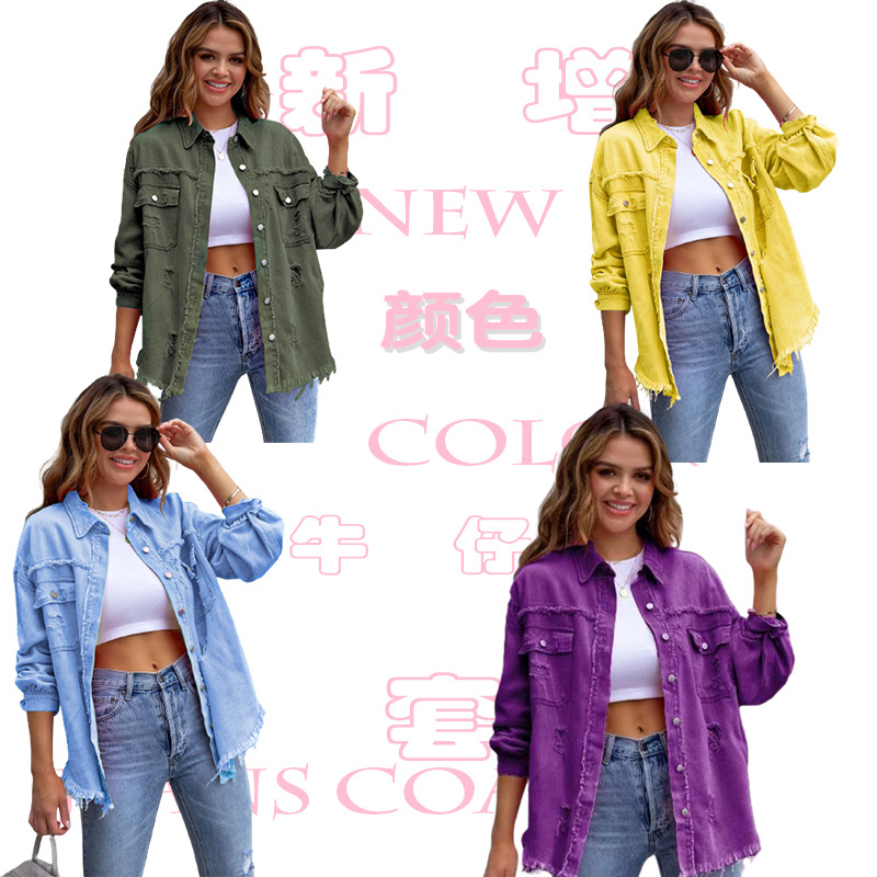 2025 New European and American Style Mid-Length Raw Edge Ripped Denim Jacket Women's Autumn and Winter Long-Sleeved Casual Lapel Top