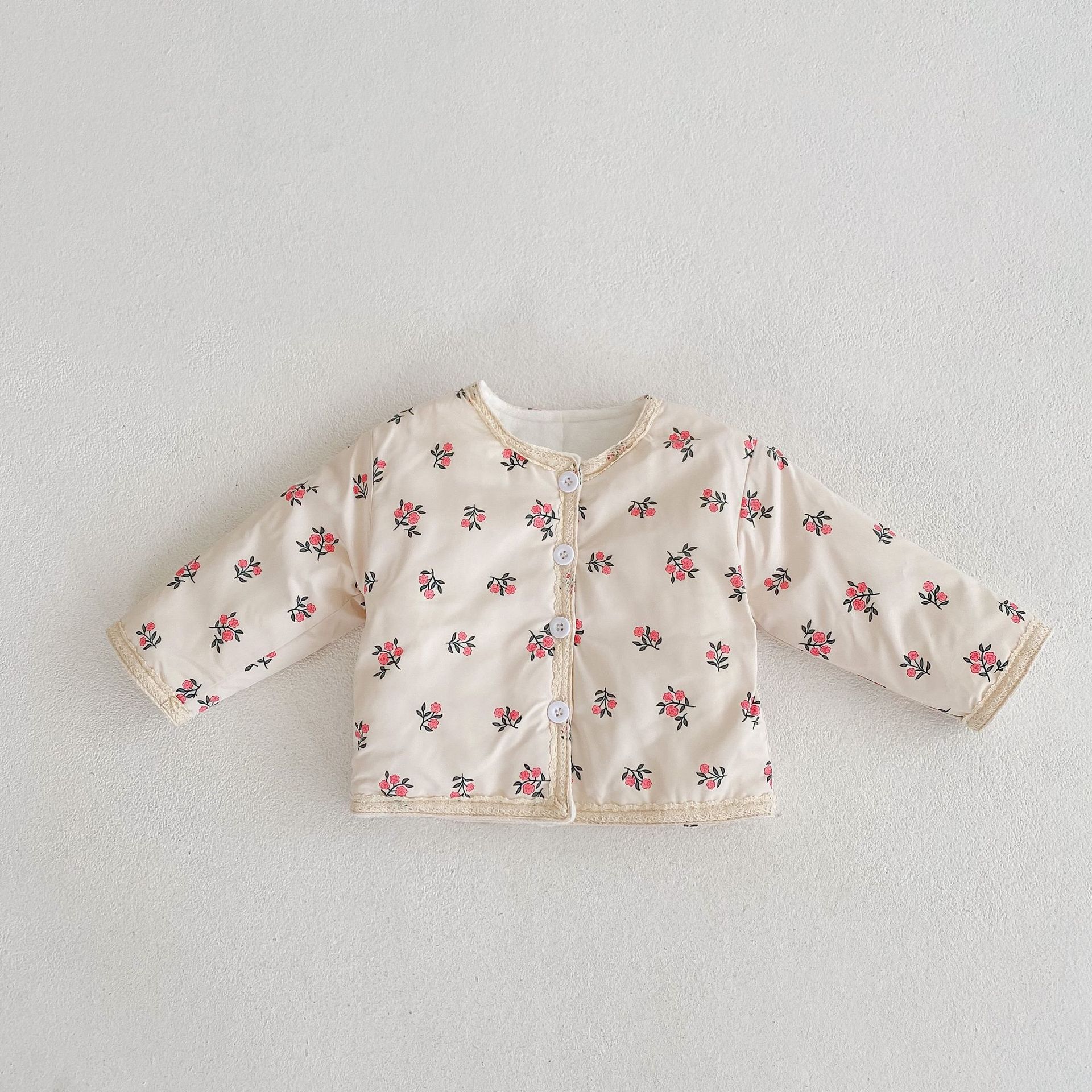 Picture of 2025 New Winter Clothing for Baby Girls, Infants and Young Kidsren, Thickeneded Long-Sleeved Lace Floral Quilted Cardigan Jacket