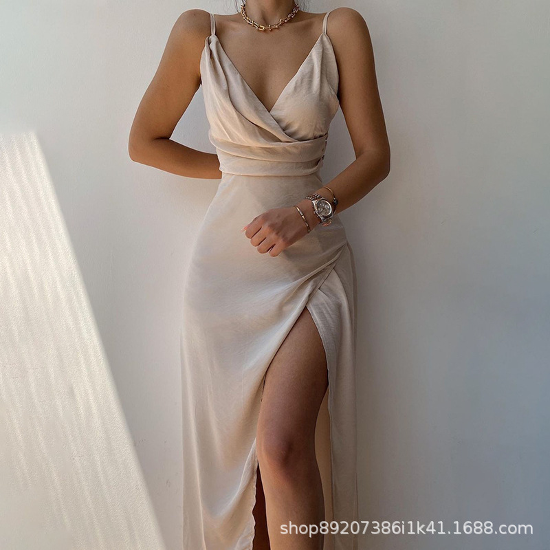 Amazon Europe and America Sexy V-neck Sling Split dress Foreign Trade Women's Mid-length dress