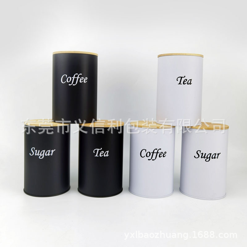 Round Bamboo Lid Sealed Packaging Ins Simple Style Tinplate Can Sugar SUGAR Tea TEA Coffee COFFEE Iron Box