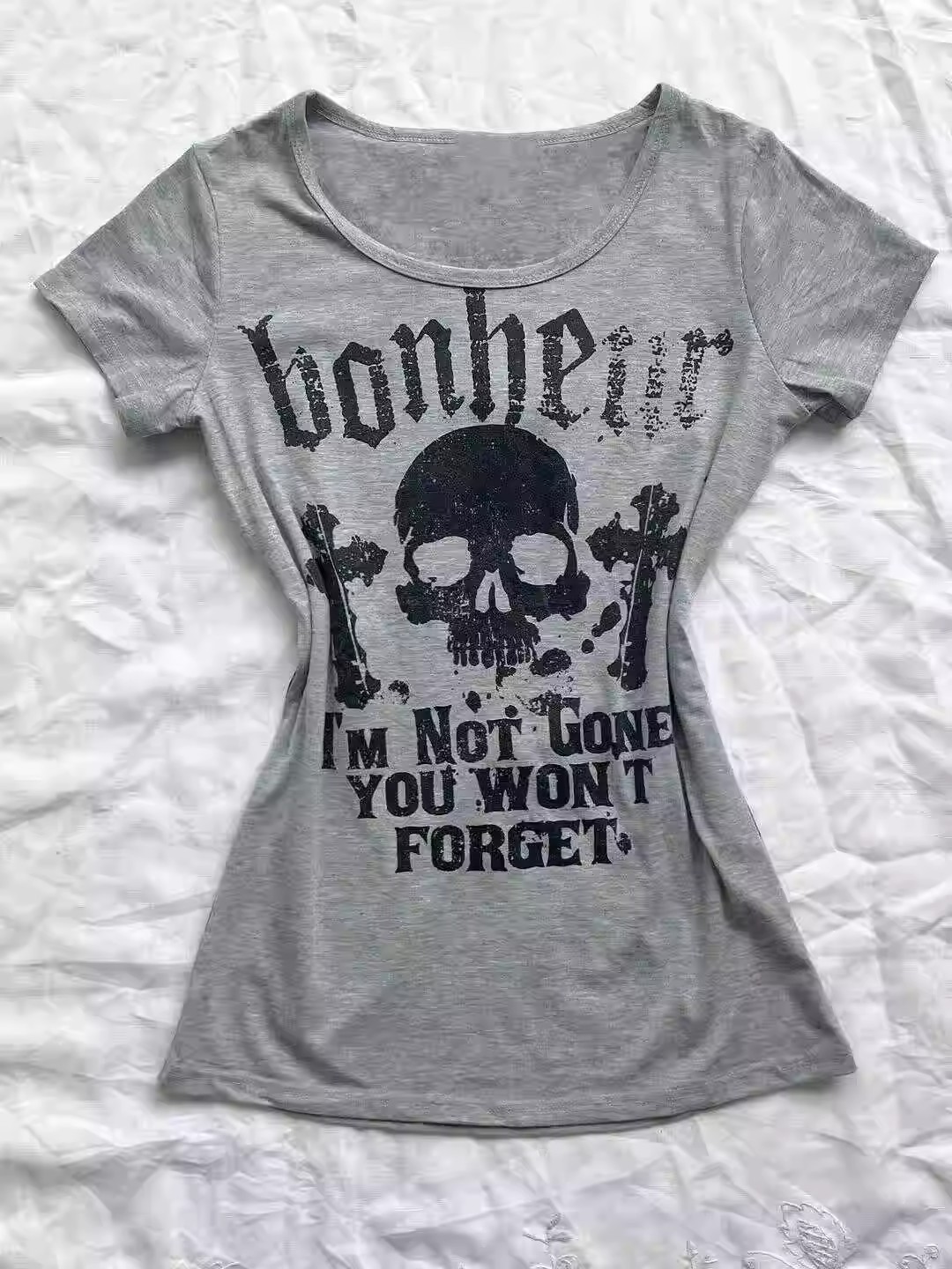 2025 American-style Small-sized New Summer Letter Skull Print Round Neck Short-sleeved All-match Casual Slim-fit Slim-fit T-shirt for Women