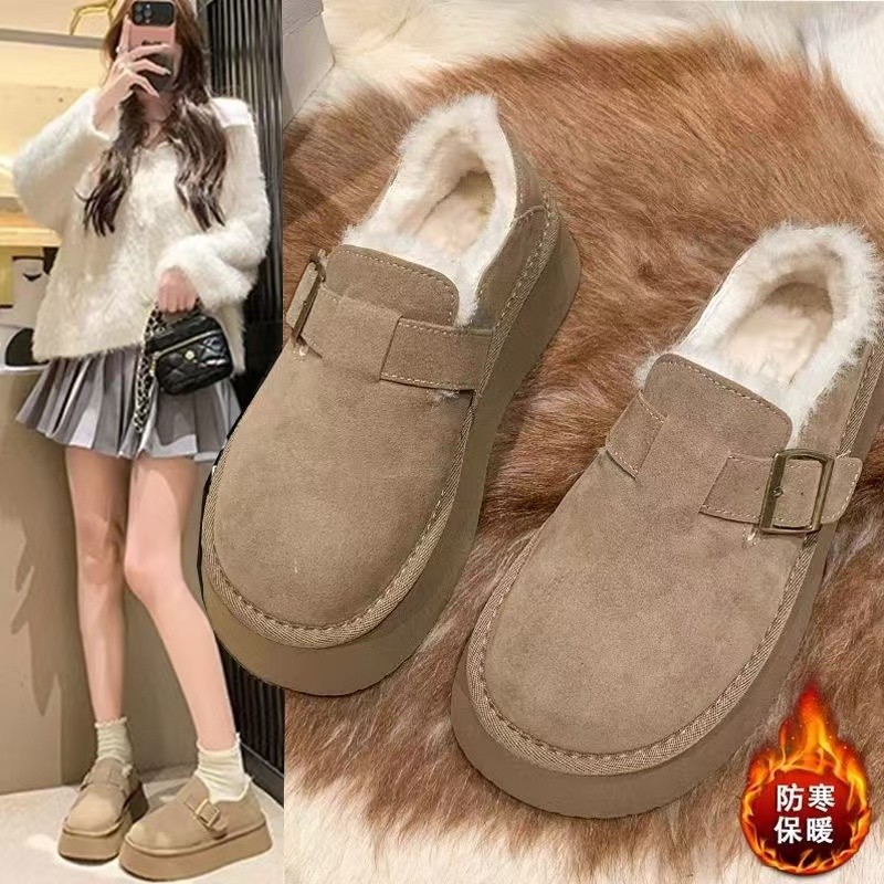 Thick-Soled Buckle Fleece-Lined Warm Birkenstock Shoes Low-Cut Snow Boots 2025 Winter New Waterproof Short Boots Non-Slip Cotton Shoes