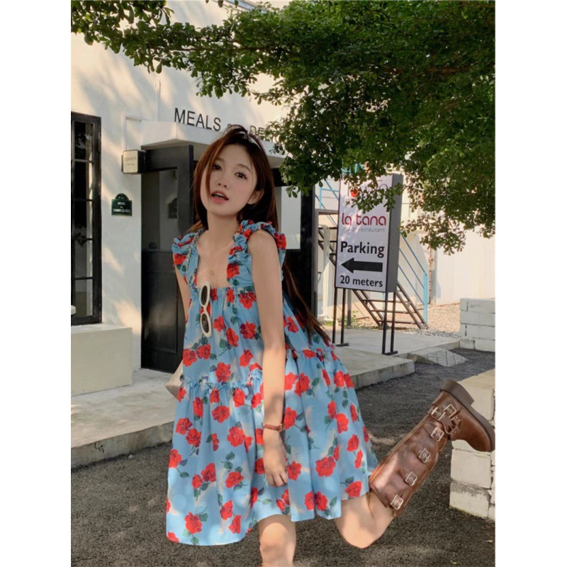 Retro Fungus Floral Skirt Suspender Dress for Women Summer Loose Slimming Seaside Resort Style Sweet Short Skirt