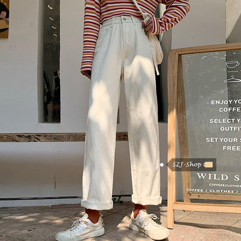 White Jeans Women's Straight Loose Spring and Autumn New Japanese Style High Waist Slimming Chic Hong Kong Style Wide Leg Pants Ins Trendy