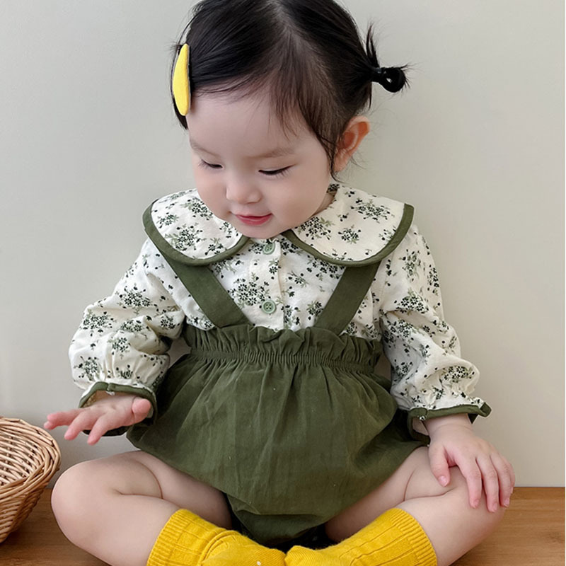 Baby Suit New Korean Style Foreign Style Outfit Baby Doll Shirt Floral Top Strap Bag Fart Pants Two-piece Set