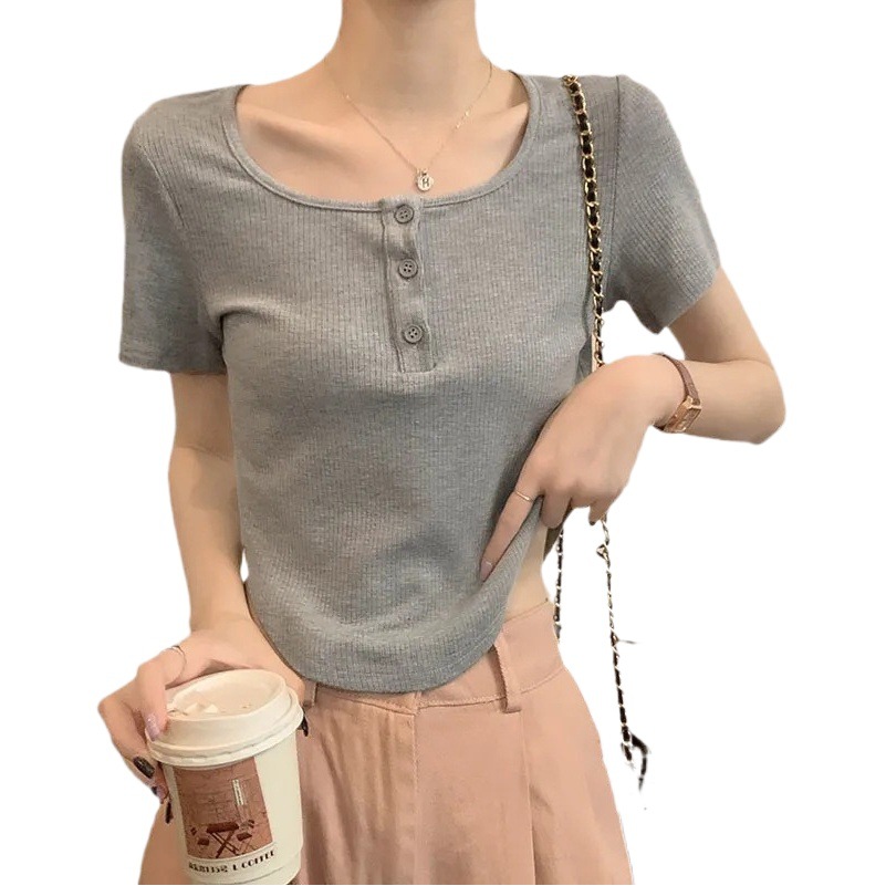 Design Sense Niche Collarbone-revealing Square Neck Short-sleeved Top 2024 Summer New Slim-fit Short T-shirt Women's Top