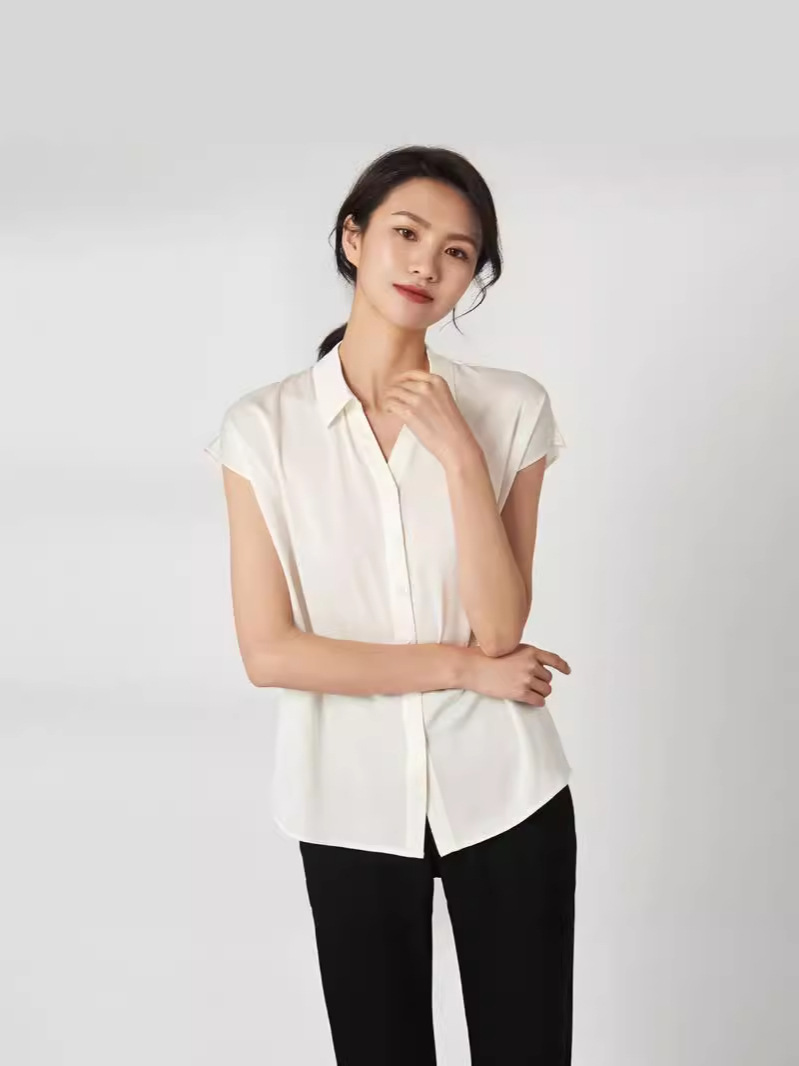 2025 Summer New Heavy Weight Silk Mulberry Silk Shirt Women's Double Joe Satin Short Sleeve T-Shirt Commuting Top Wholesale