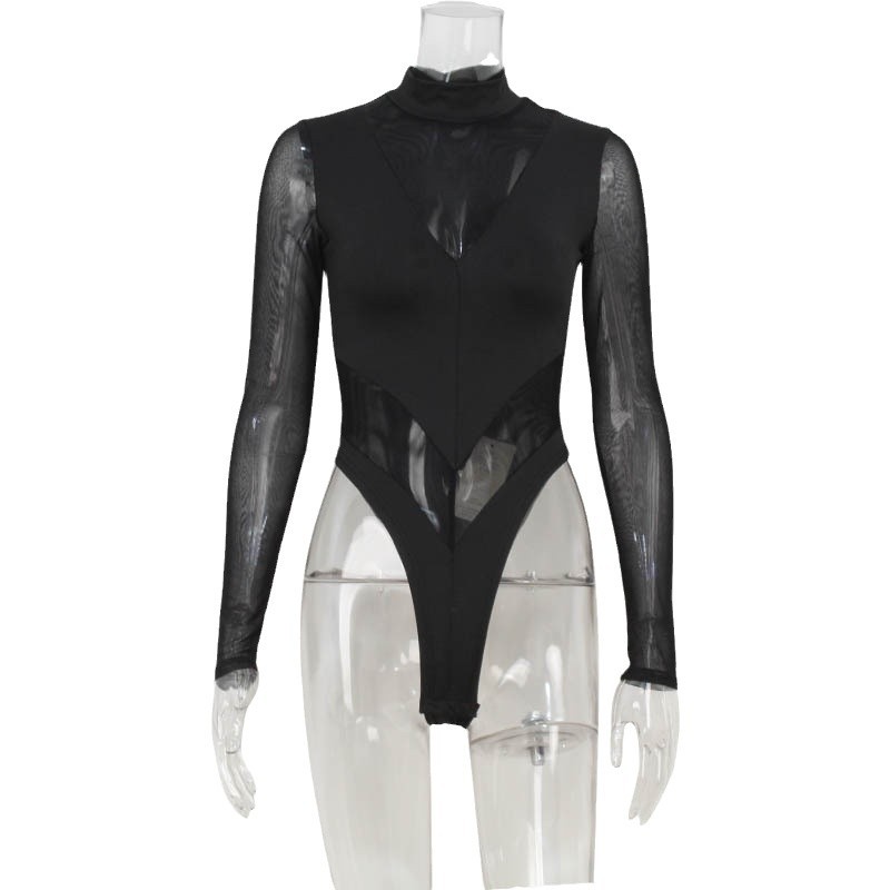 Picture of European and American foreign trade new women's solid color long sleeve half high collar mesh stitching perspective fashion sexy tight body suit