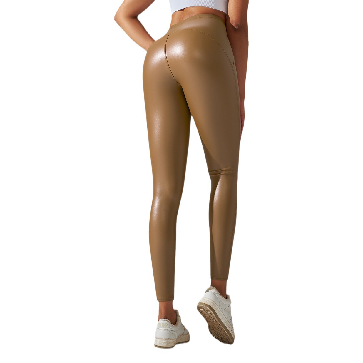Cross-border European and American Amazon high waist hip lifting belly contracting waist shaping PU leather pants inner brushed yoga bottoming leather pants cropped pants