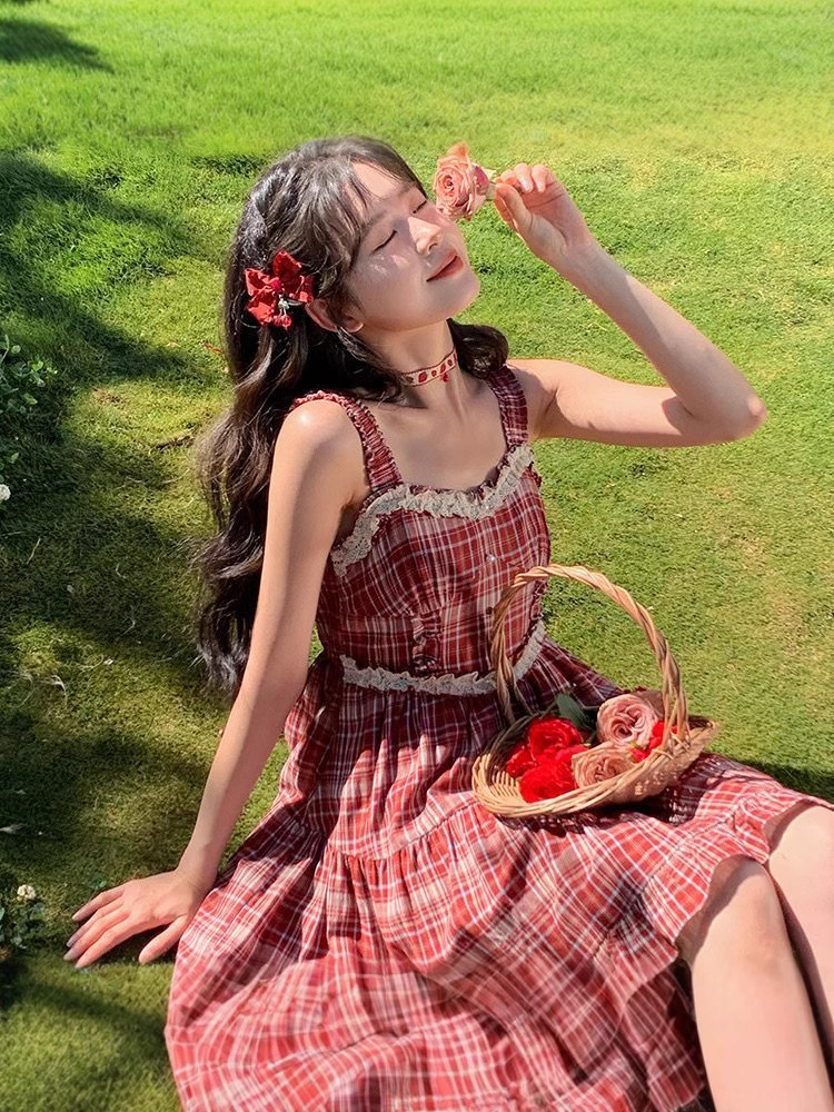 Red Plaid Sleeveless Suspender Dress for Women Summer Seaside Vacation Beach Waist Short Skirt Hot Girl Petite