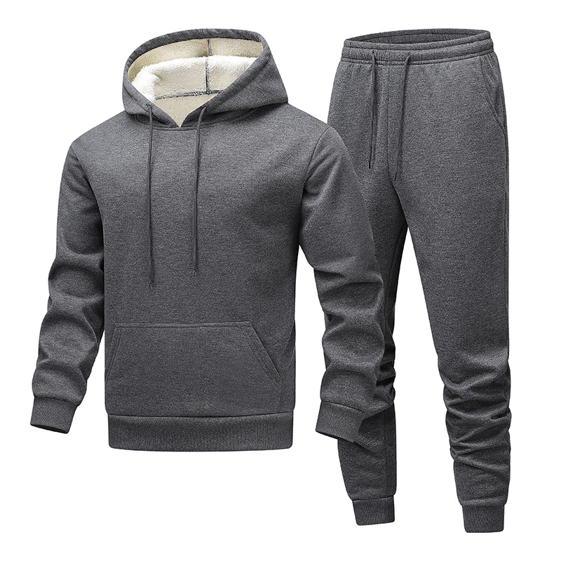 Cross-border European code preferred lambswool suit men's hooded jacket winter cotton-proof men's fleece warm sweatshirt set