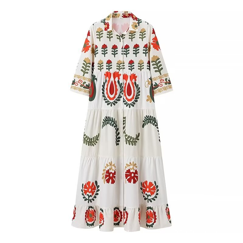 European and American 2024 New Summer Women's Clothing Retro Loose Casual Positioning Printed Shirt Style Holiday Dress Wholesale