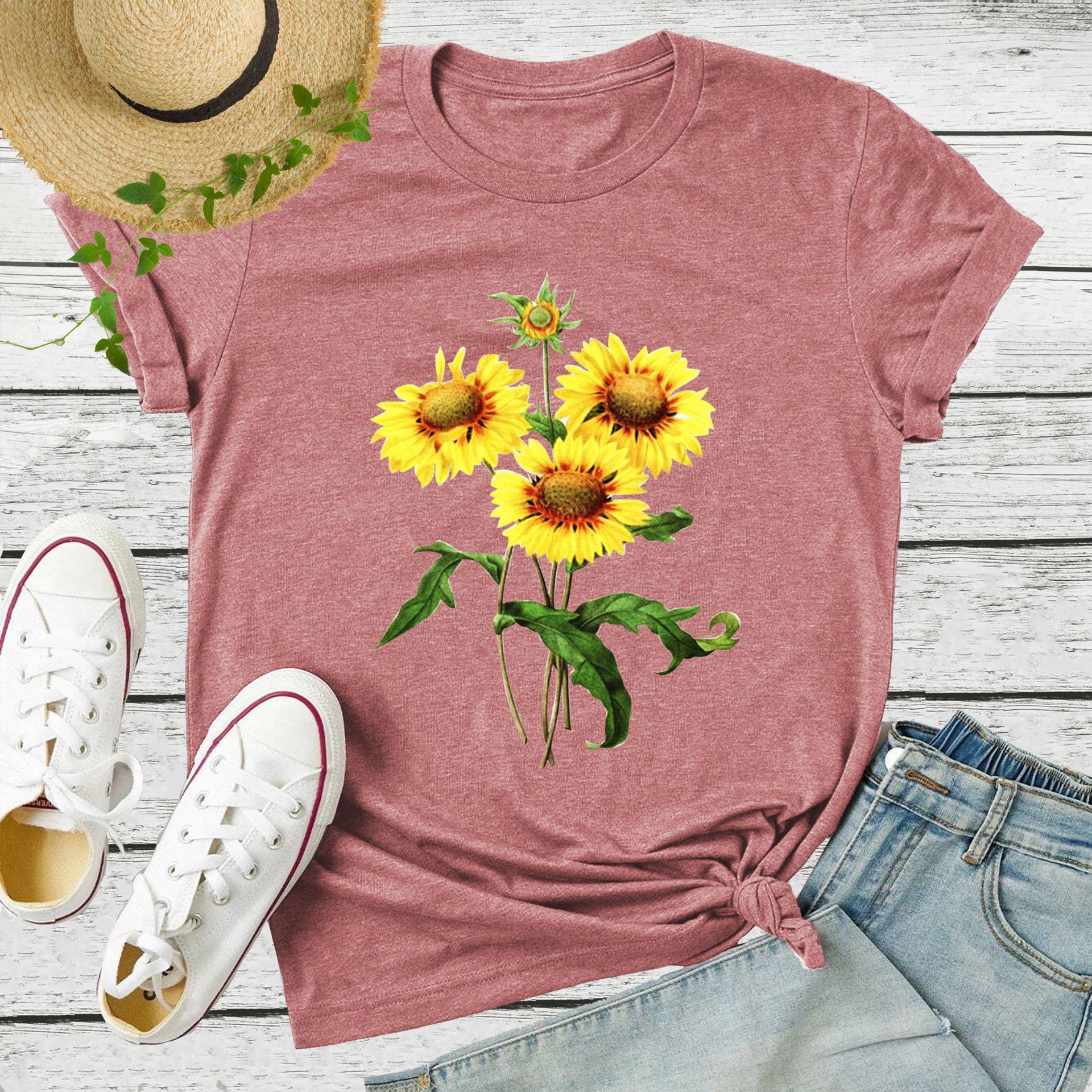 2022 Cross-border Spring and Summer Men and Women's Daisy Printed Short-sleeved Loose Color Cotton Pull-up Short-sleeved T-shirt