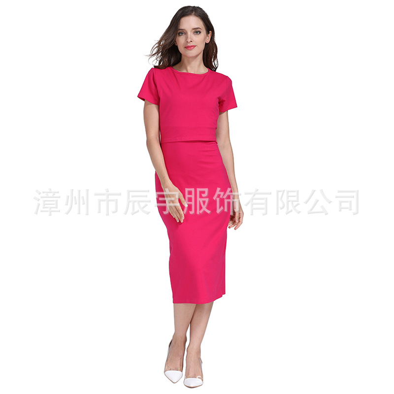 Picture of European and American Summer Fashion Short-sleeved Pregnant Women's dress Elastic Slim-fit Pure Cotton Out-going Postpartum Breastfeeding Skirt plus size Women's Clothing