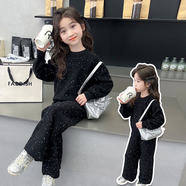 Girls' Sweatshirt Set Spring and Autumn Korean Style Trendy Big Girl Fashionable Street Sequin Wide-Leg Pants Two-Piece Set