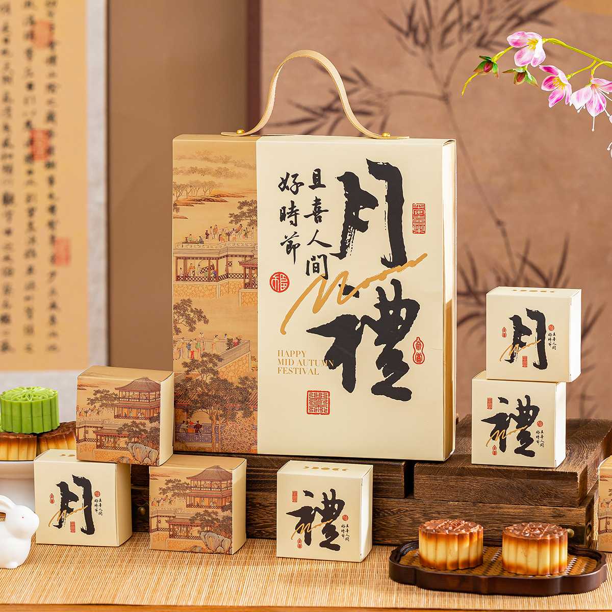 New Red Mid-Autumn Festival Mooncake Gift Box with 6/8 Pieces, High-End Chinese-Style Composite Cantonese-Style Mooncake Packaging Gift
