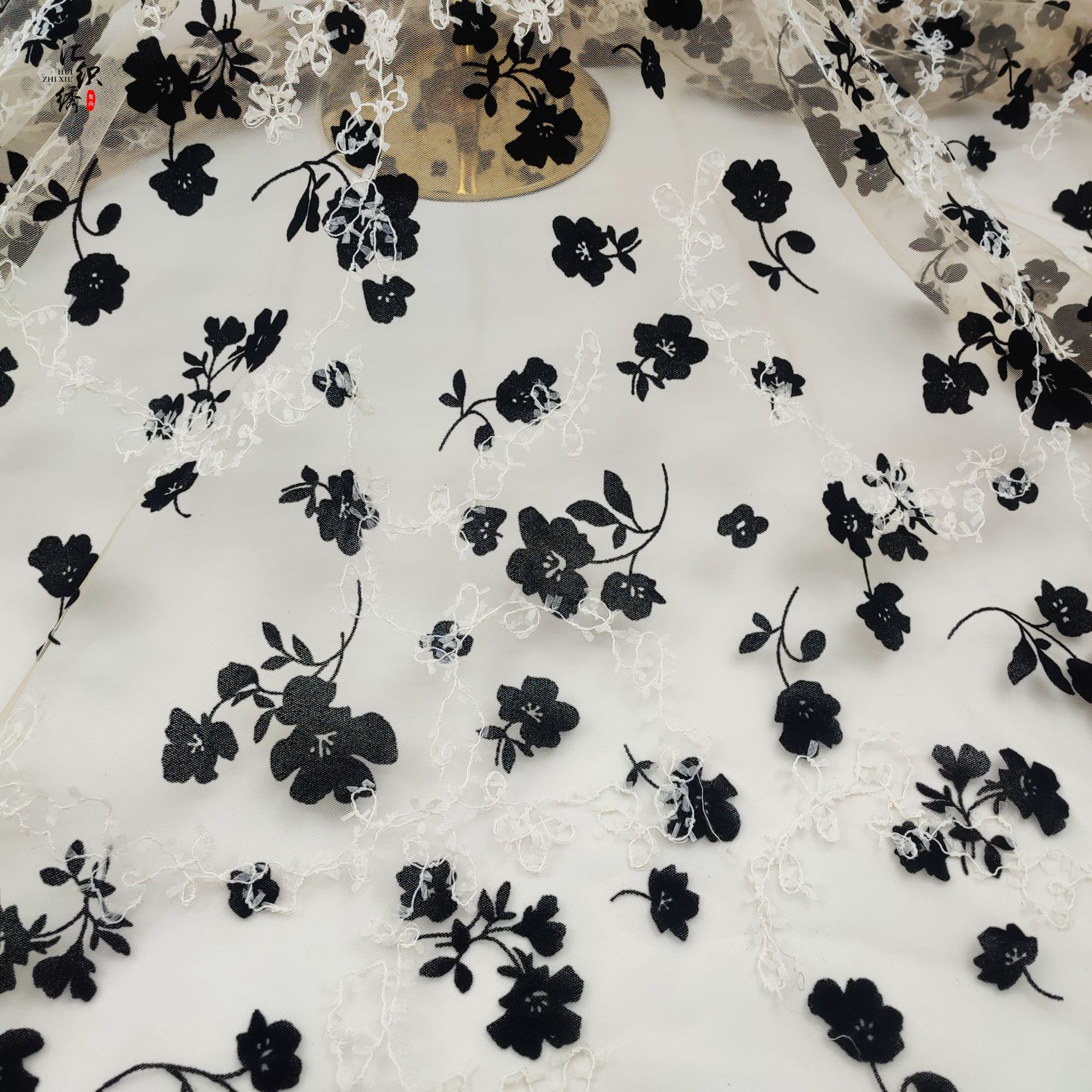 New Flocking Embroidered Stereo Disc Flower Fabric Soft Skin-Friendly Flocking Mesh Embroidered Children's Dress Lace Cloth