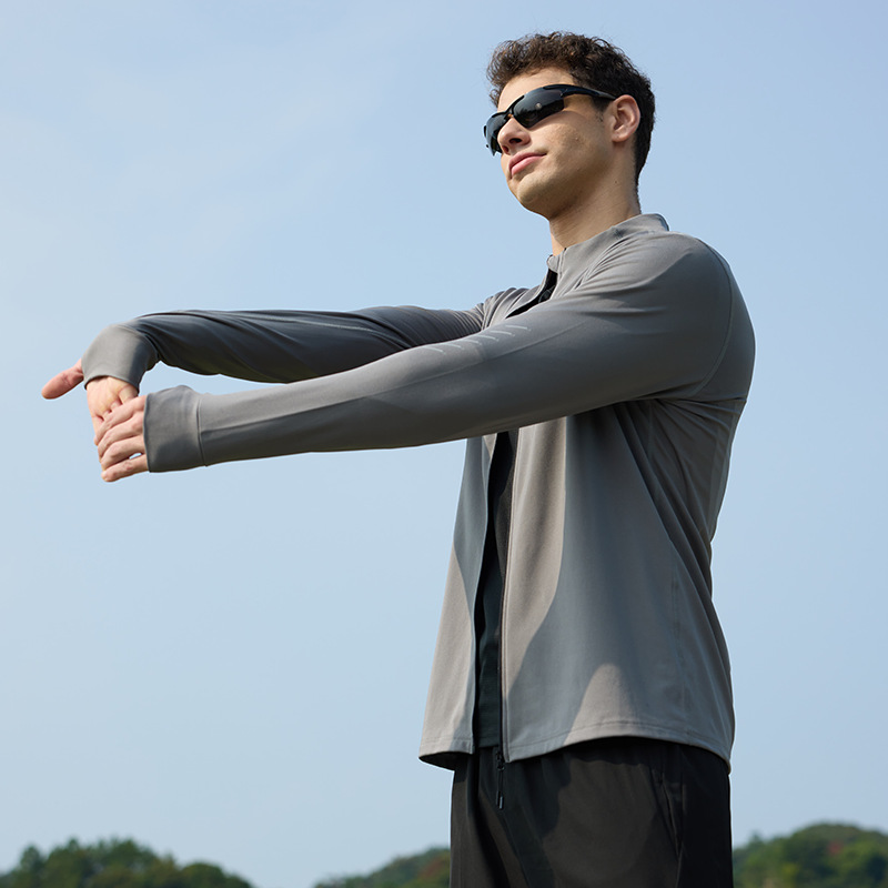New Naked Breathable Sports Jacket Men's Fitness Roll Iron Thumb Buckle Long Sleeve Cardigan with Collar Zipper Running Clothes