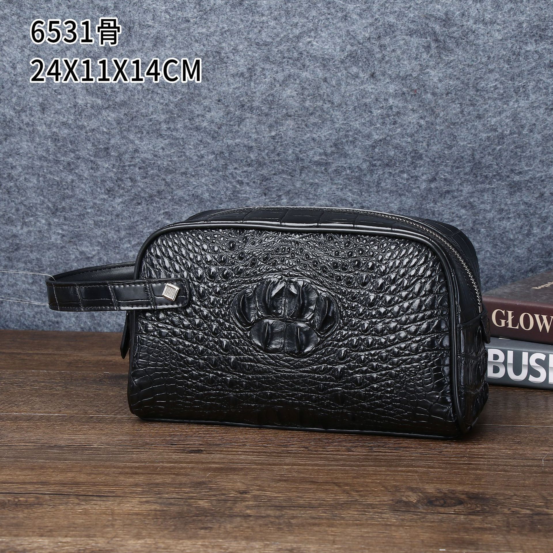 New Crocodile Fish Bone Pattern Men's Boss Bag Large Capacity Handbag Handbag Multi-functional Business Clamp Bag Trendy Wallet