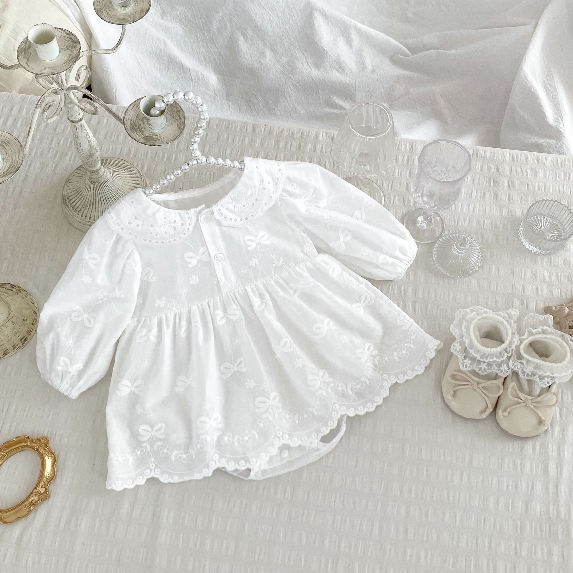 Ins0-3 Years Old Baby Spring Clothing Baby Girl Pure Color Lapel Long-Sleeved Princess Dress Romper Bow Bag Skirt Harem