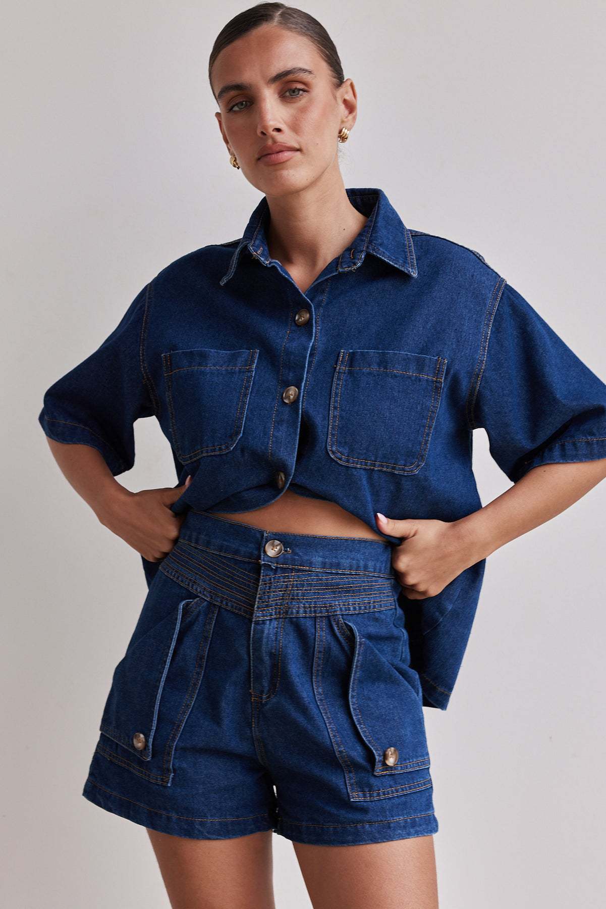 Picture of Amazon Foreign Trade Cross-border 2025 Summer European and American Women's Casual Retro Loose Shirt Denim Shorts suit