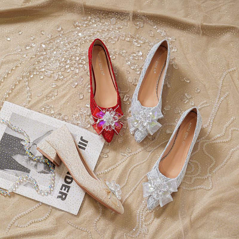 Pointed Toe Flats for Women 2025 New Style Bow Crystal Pearl Thick Heel Two-Wear Non-Tiring Feet Bridesmaid Shoes Wedding Shoes