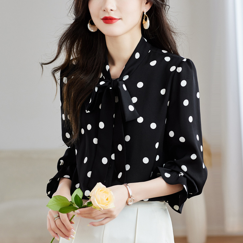 French Ribbon Bow Polka Dot Shirt for Women Autum 2024 New Long-Sleeved Shirt Age-Reducing Elegant Chiffon Top
