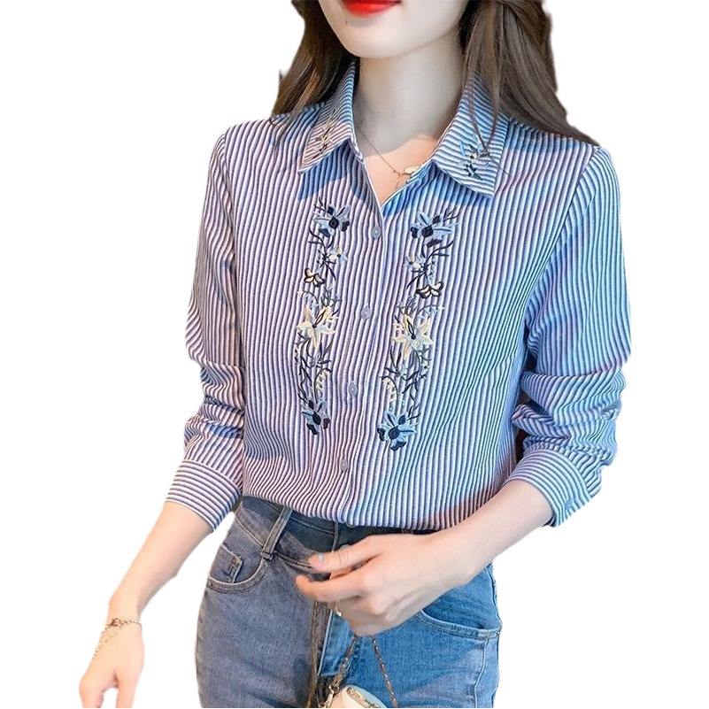 Striped Long-Sleeved Polo Shirt Early Autumn 2024 New Fashion Women's Shirt Embroidered Cotton Top Fashionable