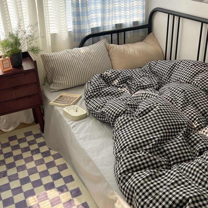 ins Plaid simple Nordic style pure cotton four-piece bed sheet quilt cover fitted sheet three-piece bedding set 4