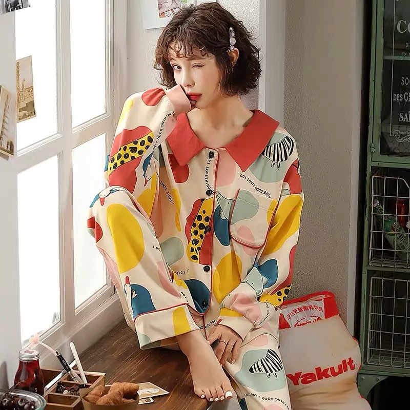 Picture of 100% Pure Cotton Pajamas Women's Long Sleeve Women's Spring and Autumn Cardigan Lapel Pajamas Outwear Winter Home Suit