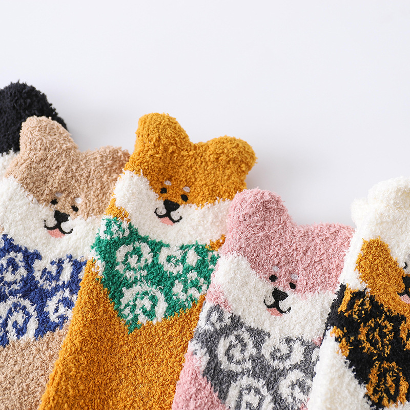 Picture of Winter Coral Fleece Sleep Socks Women Cute Puppy Cartoon Socks Thickened Warm Floor Socks Adult Towel Socks