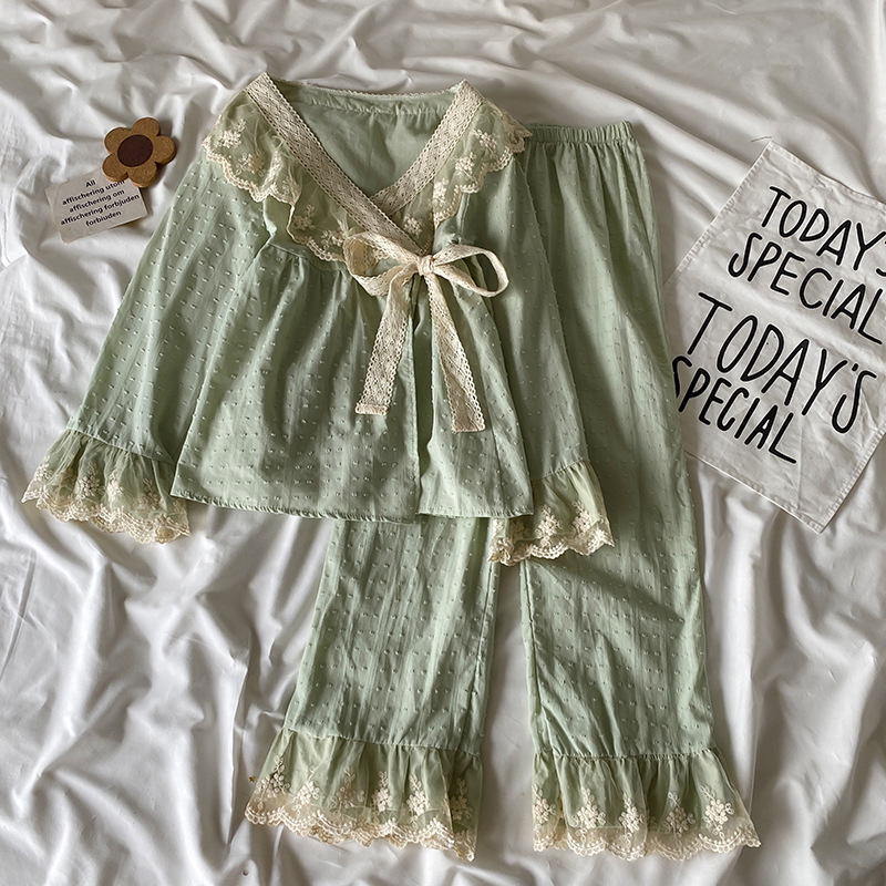 Internet famous princess style pajamas ladies retro court kimono spring and autumn sweet lace long sleeve home clothes suit wholesale