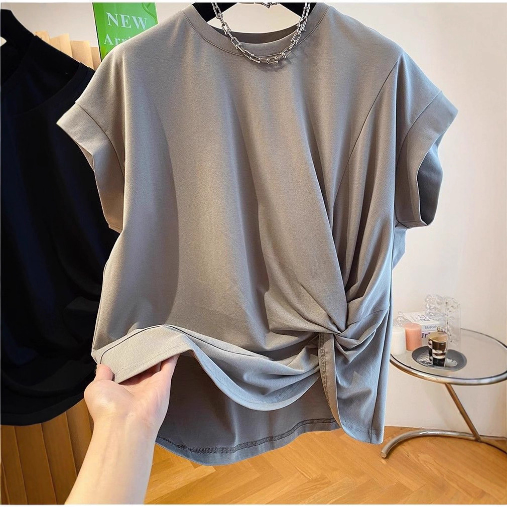 Unique and Good-Looking Twisted Irregular Short-Sleeved Round Neck Shirt Loose Slimming Look Top for Women 2025 Spring and Summer New Pure Cotton