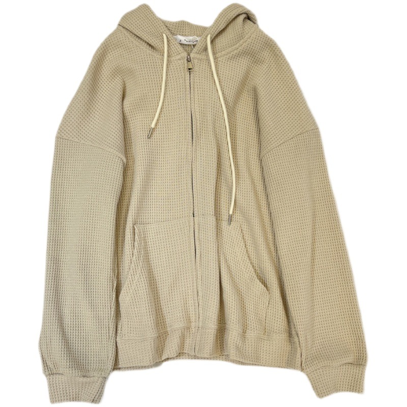 Autumn and Winter Women's Clothing Waffle Hooded Sweatshirt Women's New Loose Slim Design Jacket Women's Zipper Cardigan
