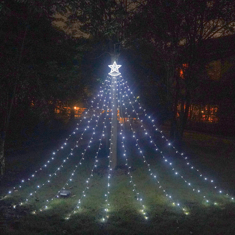 Picture of LED five-pointed star waterfall lamp Christmas hanging tree lamp water lamp outdoor decorative lamp courtyard remote control solar lamp
