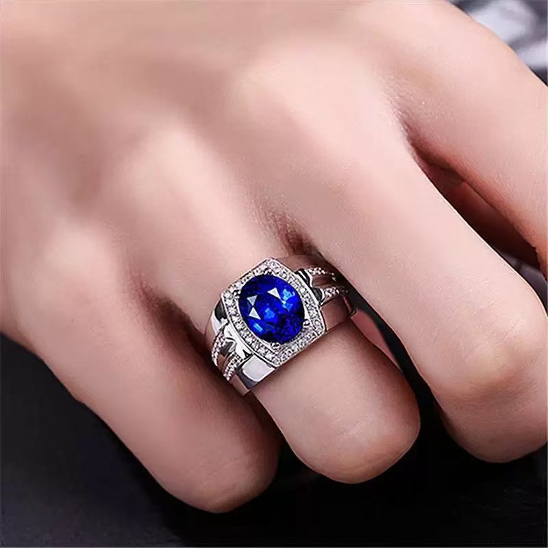 Picture of Hot Sold to Diamond Blue Diamond Men's Ring Myanmar Imitation Natural Sapphire Ring Plating 18K Gold Inlay Popular Ring