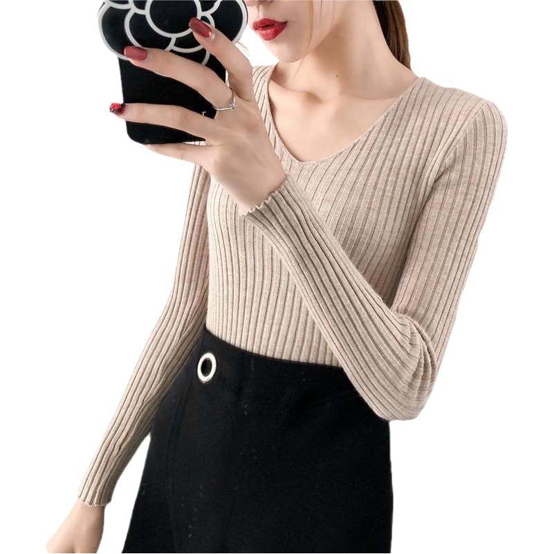 2023 autumn new slim-fit long-sleeved V-neck bottoming sweater pullover short tight inner sweater for women spring and autumn