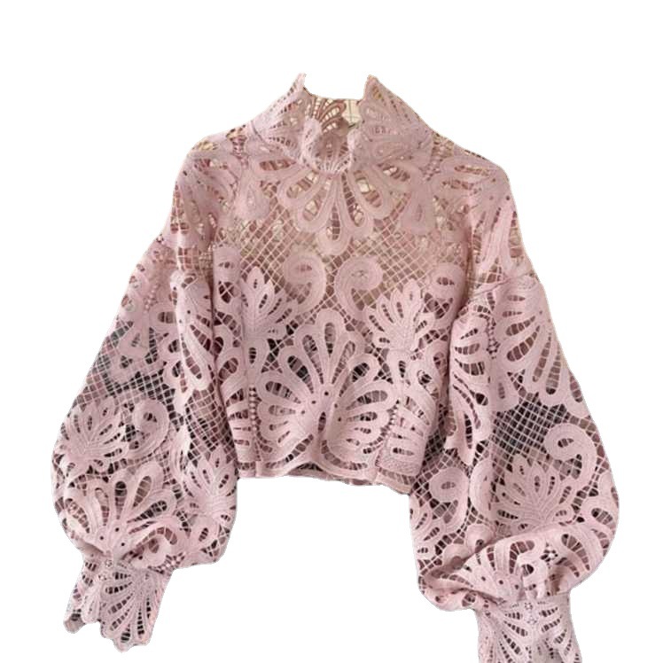 Picture of 2023 Design Sense Lace Hollow Autumn Top Standing Collar Bubble Sleeve Loose Sexy Short Shirt