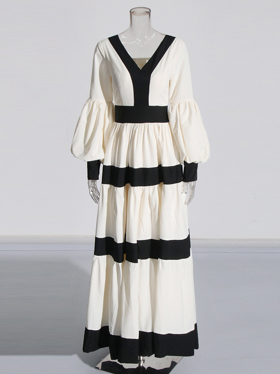 French Palace Style Long Skirt 2025 Summer New V Neck Long-Sleeved Waist Contrasting Color Long Floor-Length Dress