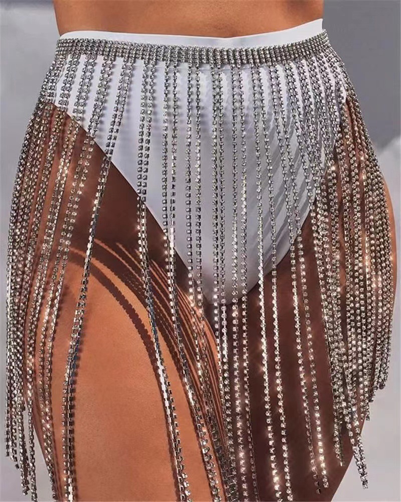Europe and the United States cross-border 2022ins hot sale rhinestone bright diamond tassel sexy waist chain body chain exaggerated trend skirt