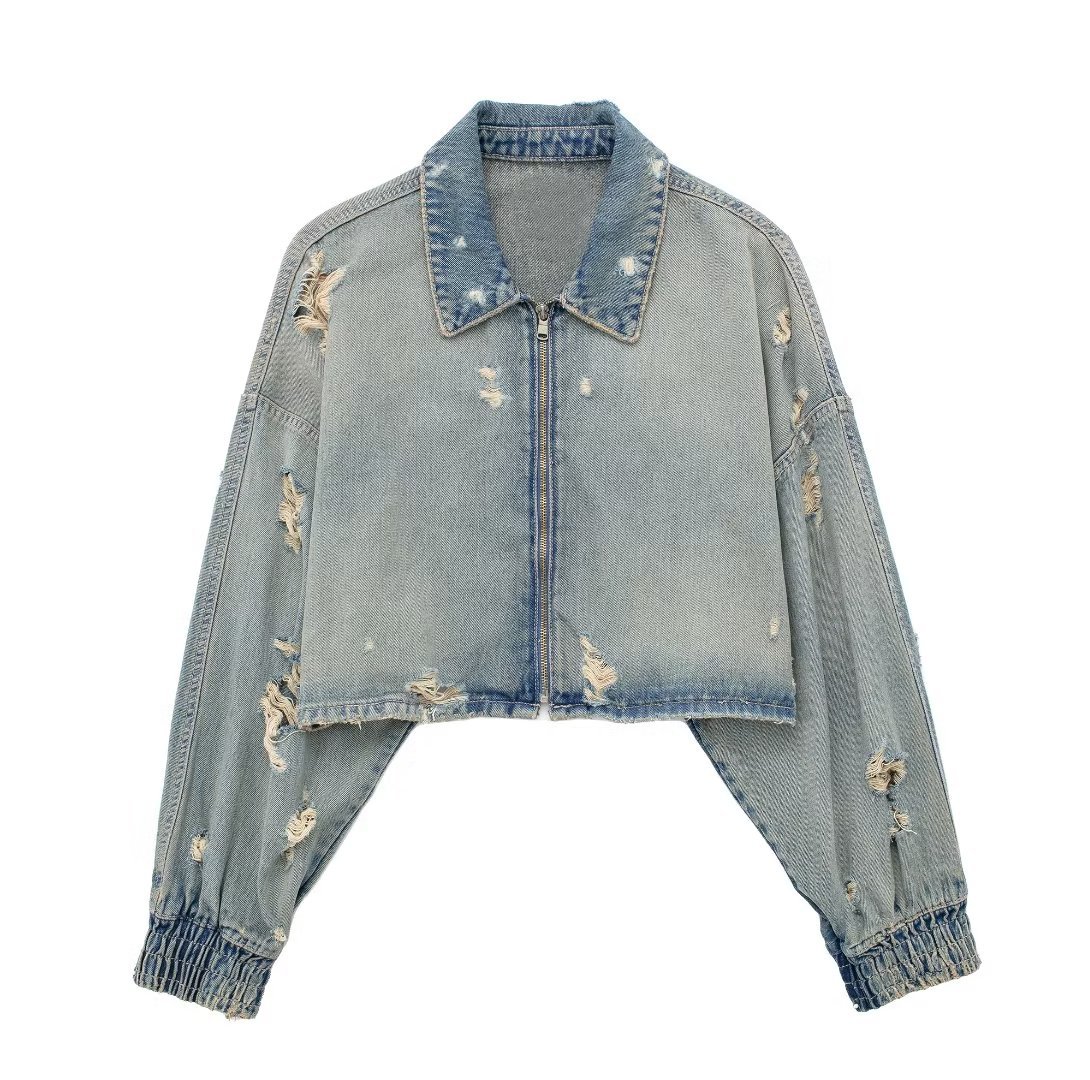 Picture of European and American Cross-Border Export Ladies 2023 Autum New Style Distressed Denim Short Regular Casual Versatile Jacket
