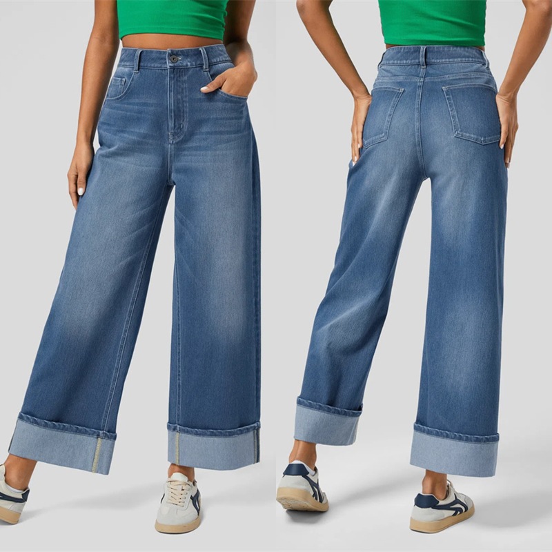 European and American Foreign Trade Cross-border Retro High Waist Straight Jeans Women's 2025 New Casual Pants with Curled Leg Wide Leg Pants