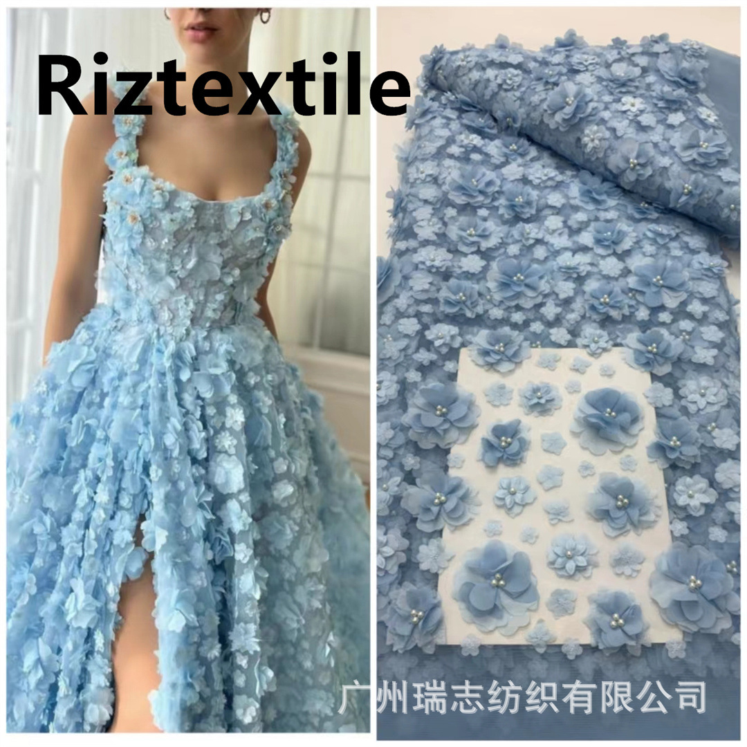 Bubble beads three-dimensional embroidered lace fabric full version size 3D flower veil wedding dress children's clothing tutu skirt fabric