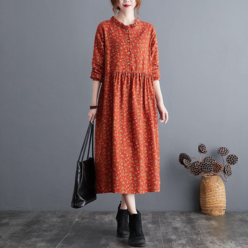 2024 Autumn New Printed Cotton and Linen Dress Women's Retro Literary Loose Large Size Long Sleeve Fashion Floral Long Dress