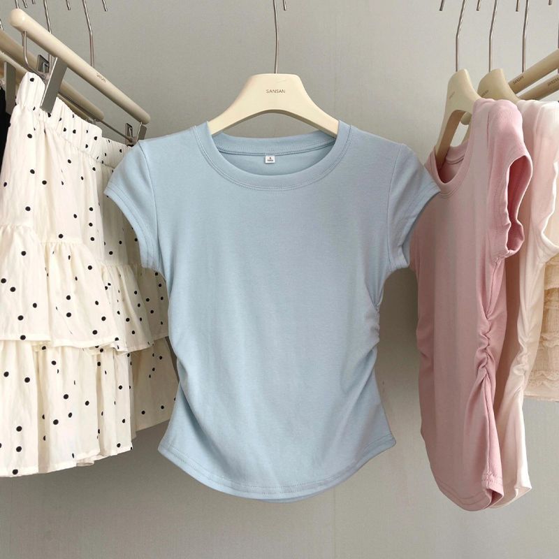Baby Blue Shoulder Short-sleeved T-shirt Women's 2025 Summer New Solid Color Slimming Slim-fit Pleated Waist Short Top
