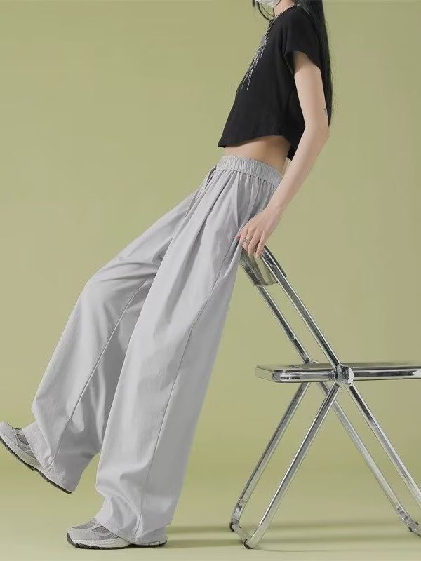 Summer Thin Pants Japanese Style Lazy Drop Sense Ice Silk Wide Leg Women's 2023 New Black Quick-drying Crock Pants Trendy